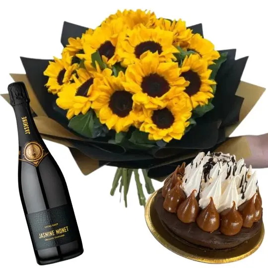 Ramo de 12 girasoles con torta y espumante